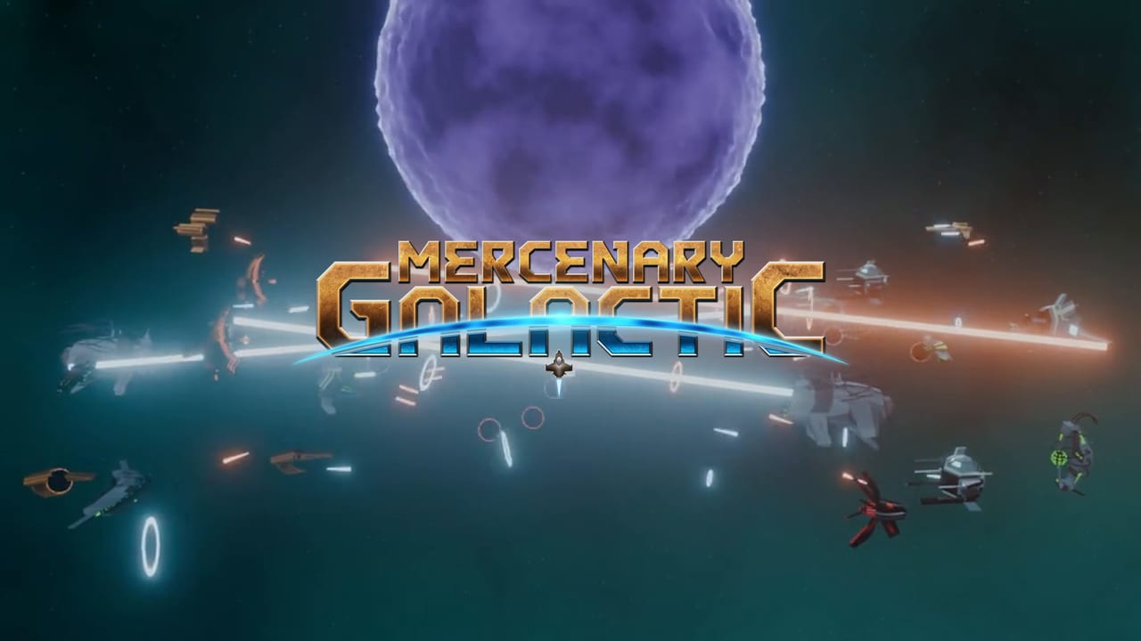 Mercenary Galactic title card — a fleet battle around a violet star
